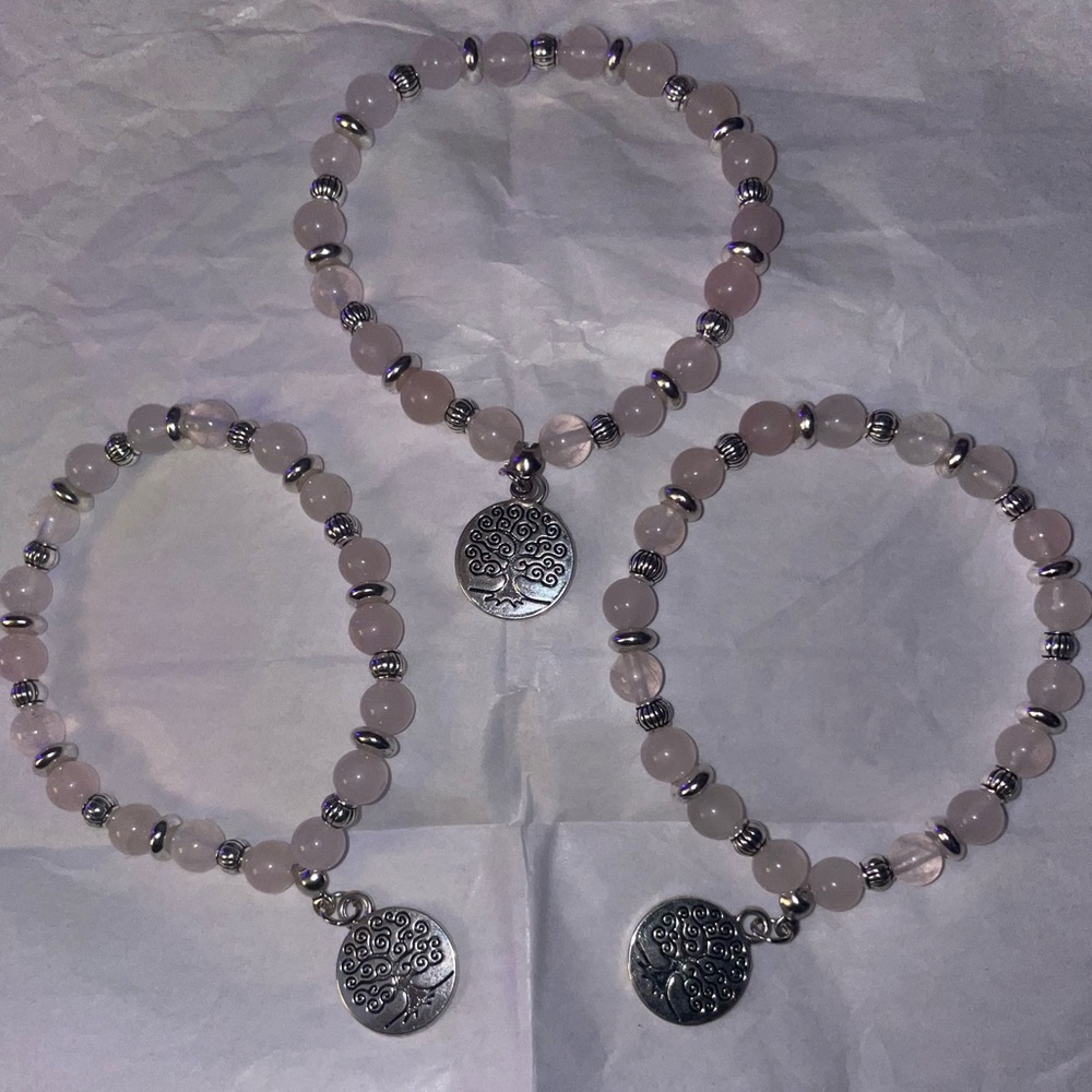 Handmade Rose Quartz Beaded Bracelet With Tree Charm
